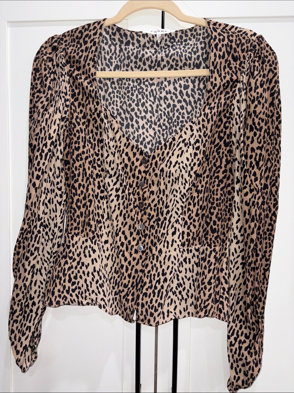 Frame Denim Leopard Print V-Neck Peplum Blouse 100% Silk
